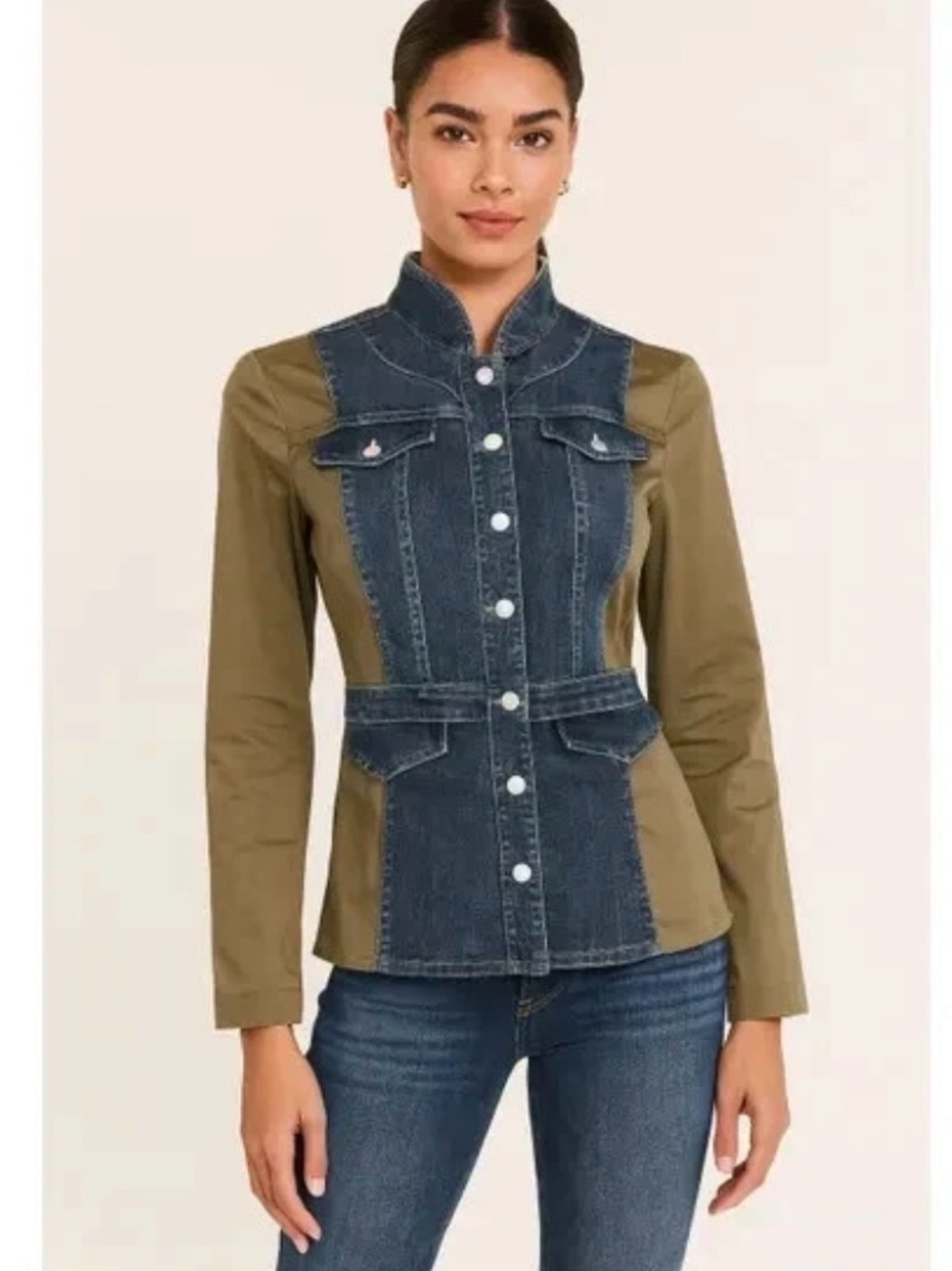 NEW WHBM Denim Mixed Media Utility Jacket Olive Green Jean Moto peplum sz 0